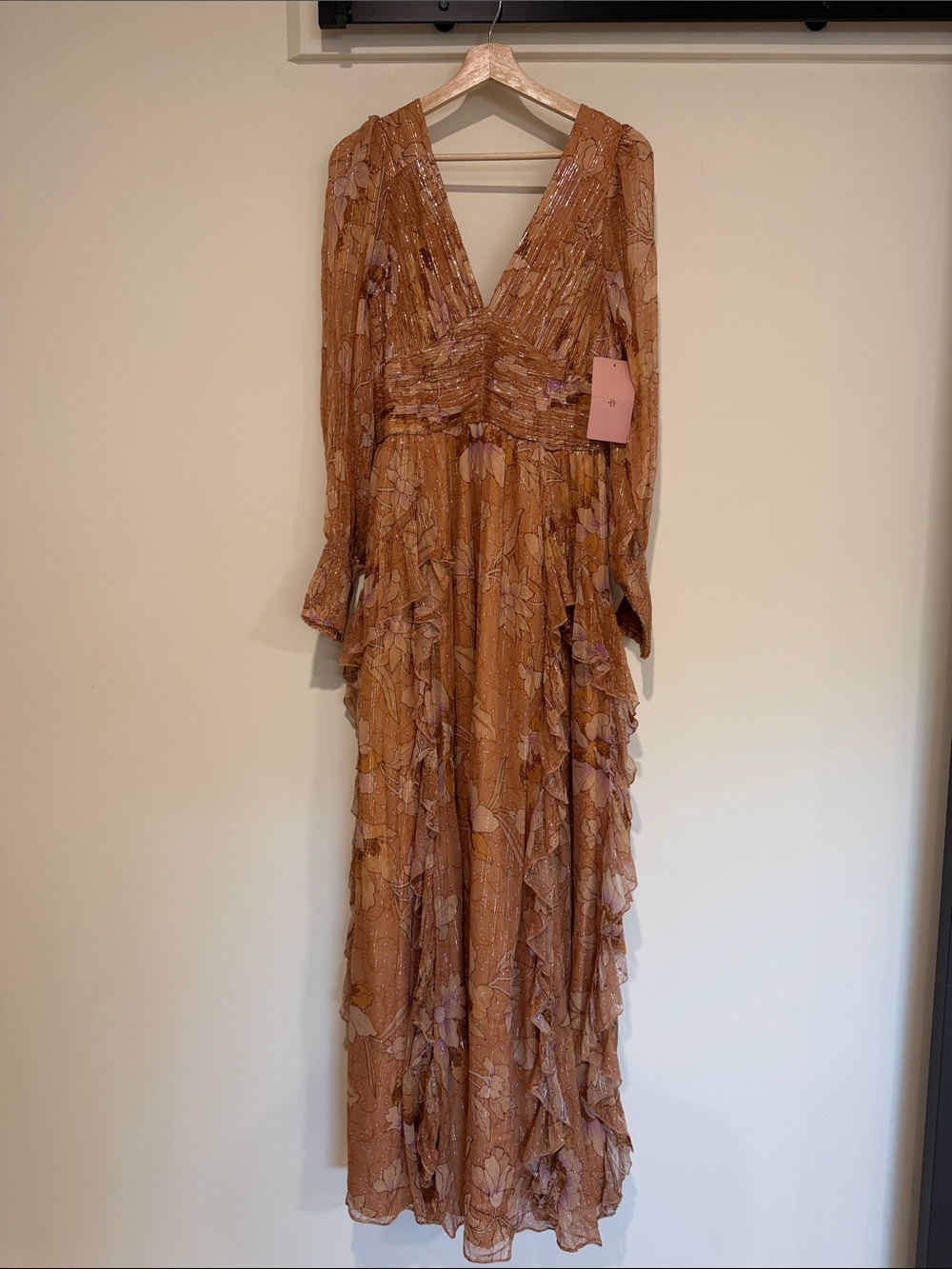 BHLDN Rust Floral V-Neck Ruffled Maxi Dress